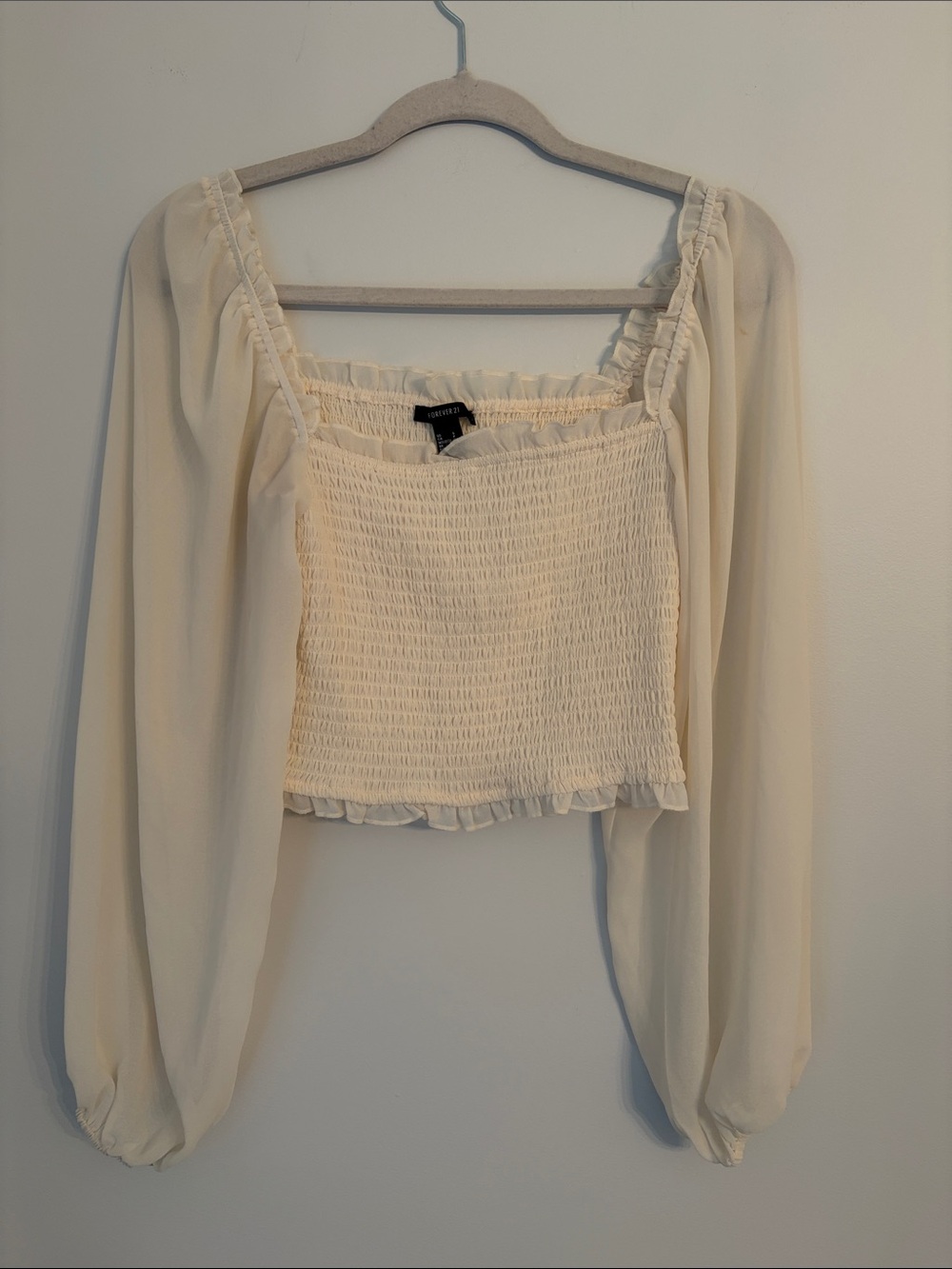 Forever 21 Cream Smocked Sheer Long Sleeve Cropped Peasant Blouse Size Small